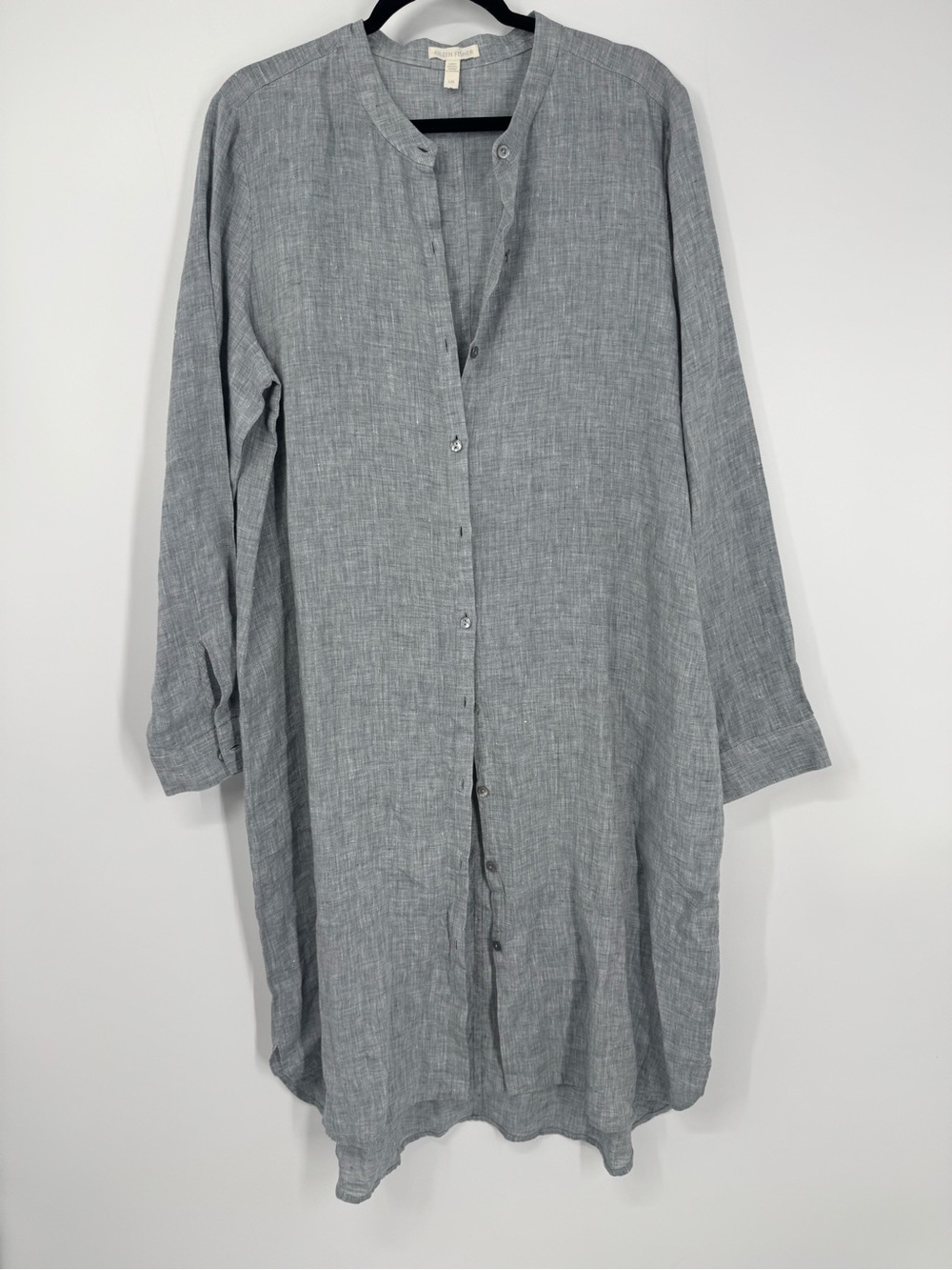 Eileen Fisher Mandarin Collar Organic Linen Shirt Dress Gray High Low Size L - Picture 4 of 14